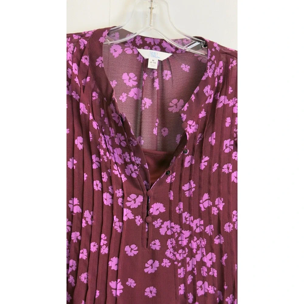 Time and Tru Womens M 8-10‎ Burgundy Purple Floral Pleated Chiffon Mini Dress